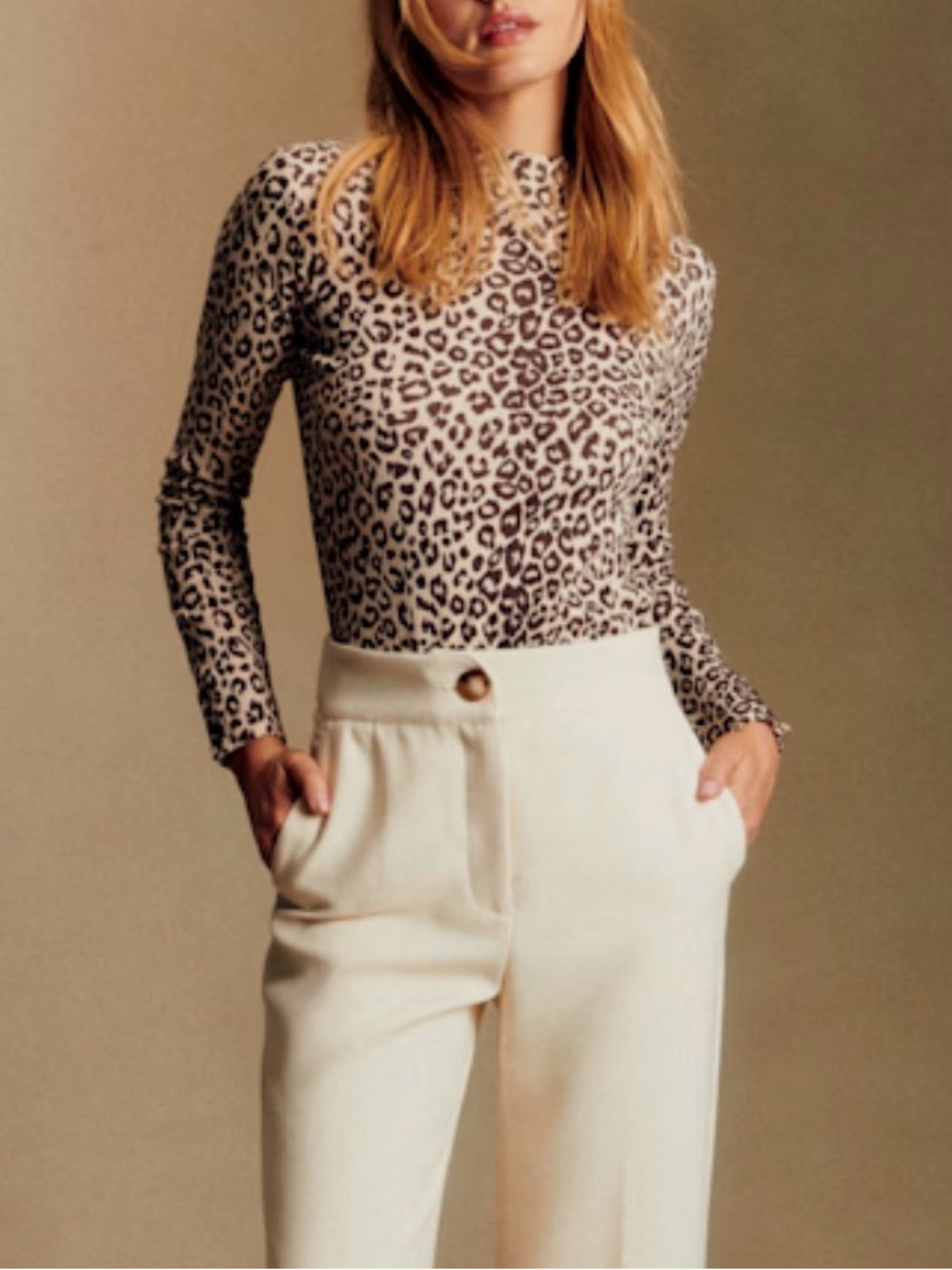 Sezane Leopard Print Long-Sleeve Top in Taupe and Black